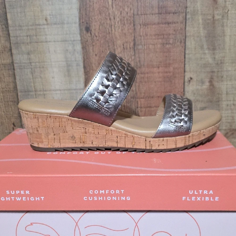 Easy Spirit Silver Metallic Two-Band Cork Wedge Slide